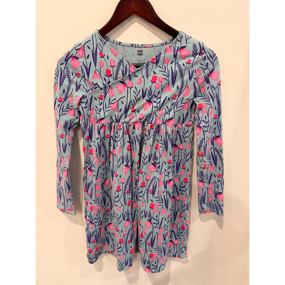 Tea‎ Collection Girls Floral Dress Size 14 Blue Pink Cotton Long Sleeve